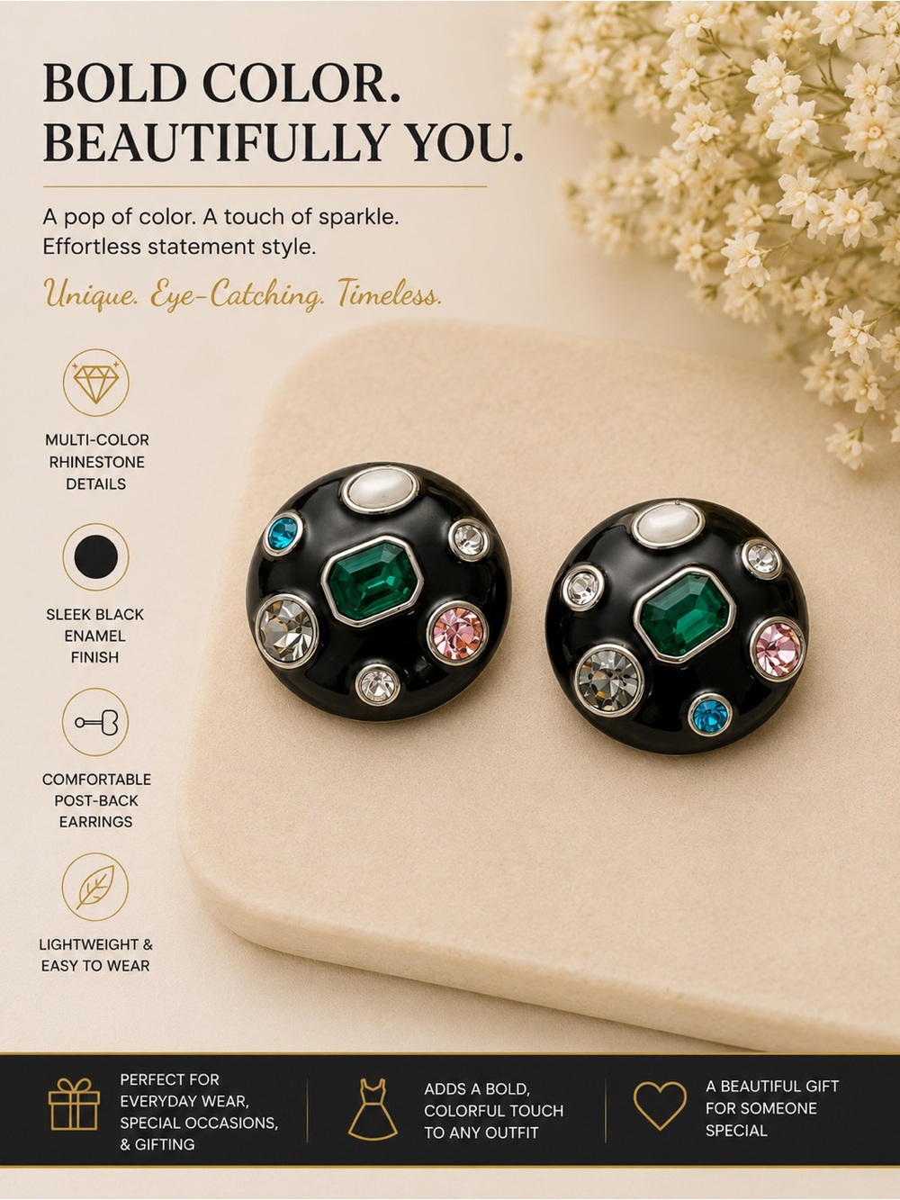 paparazzi Black Enamel Multi-Color Rhinestone Button Earrings